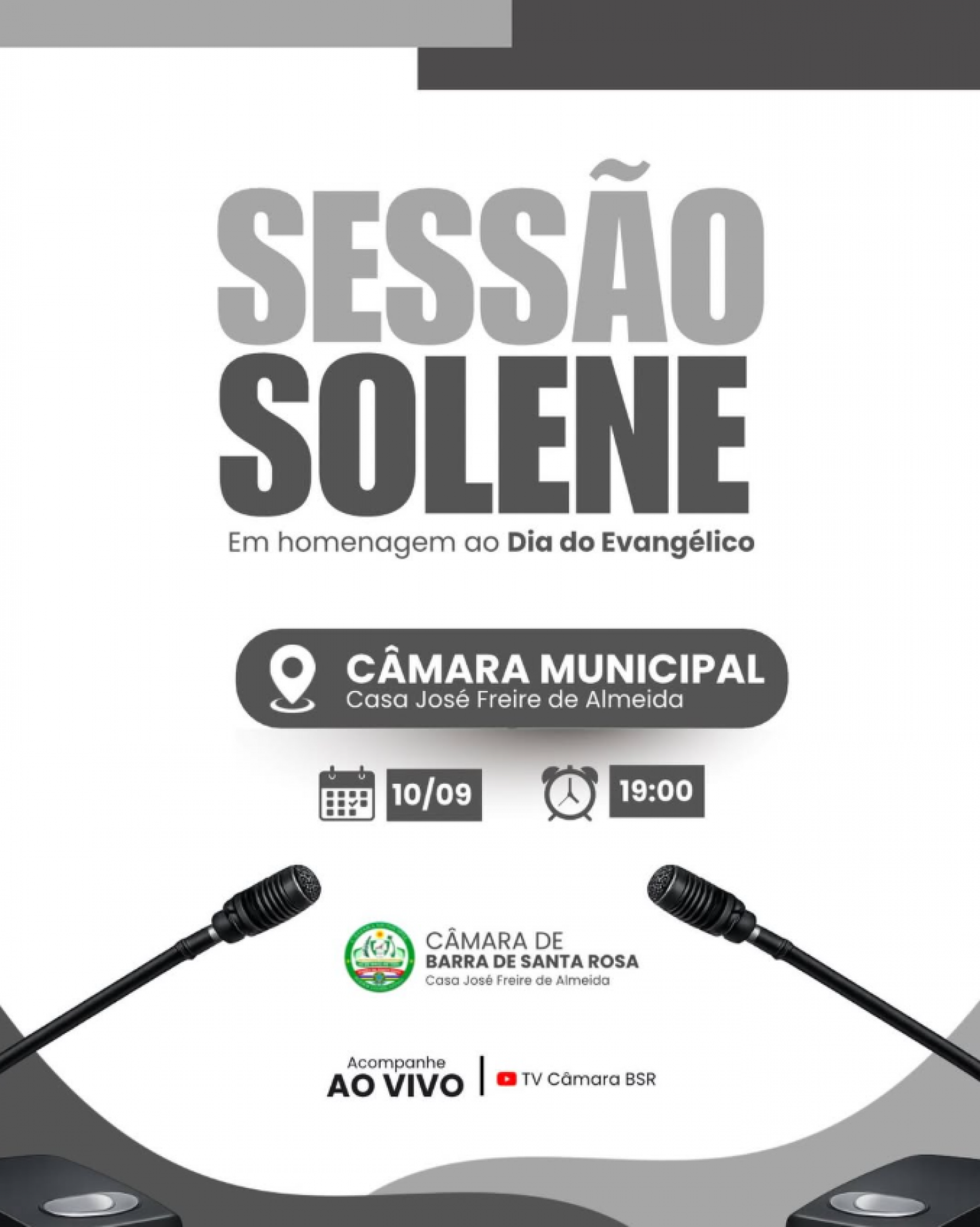 📢 A Câmara Municipal convida toda a população para participar da Sessão Solene em Homenagem ao Dia do Evangélico.